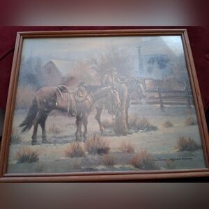 Western Cowboy Art Print with Brown Frame